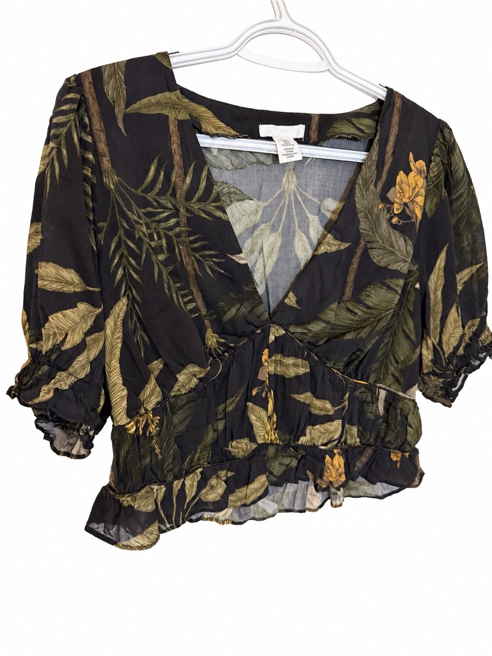 H&M Botanical Bird Print V-Neck Blouse Puff Sleeves Ruffle Hem